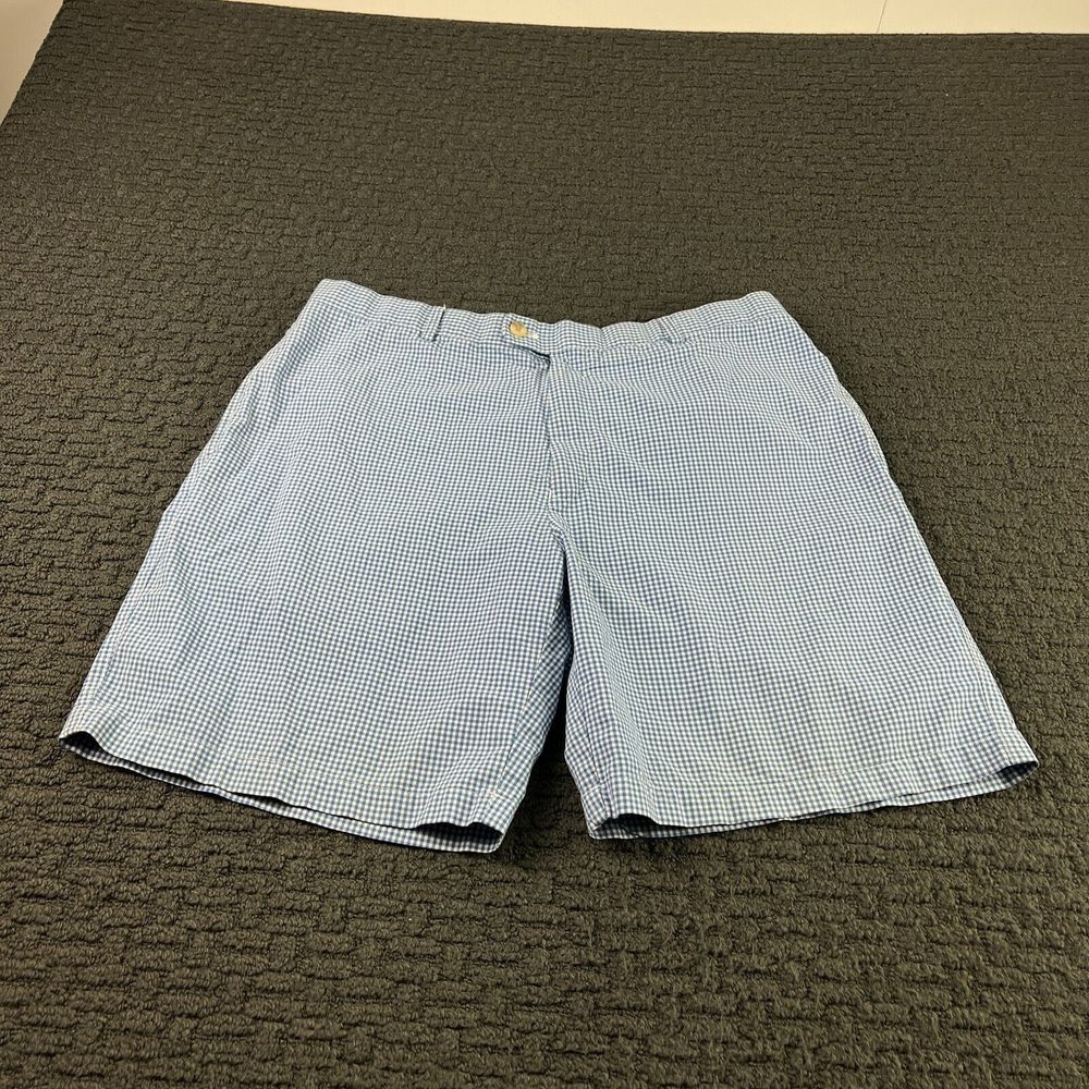Peter Millar Shorts Mens Size 38 (35) Blue Gingham Plaid Chino Flat Front Cotton